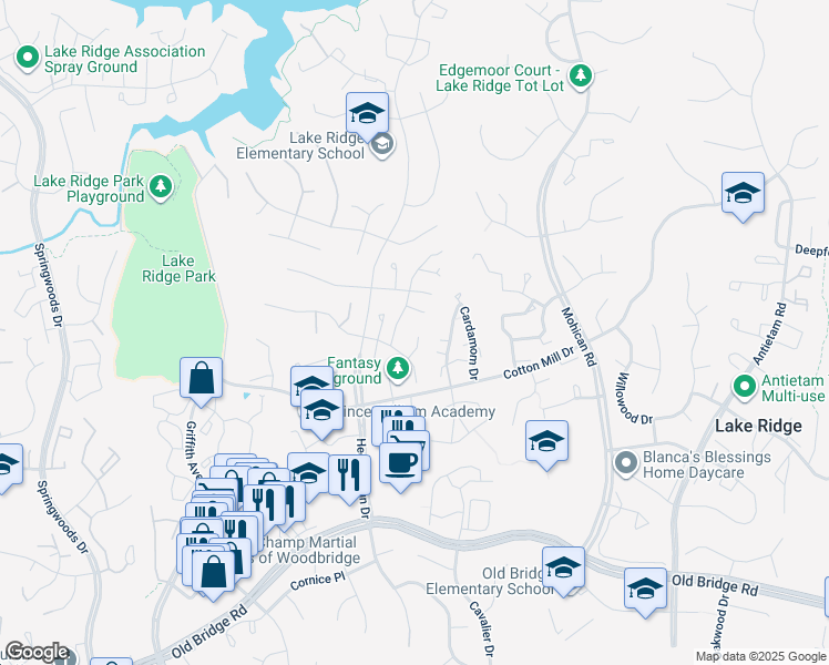 map of restaurants, bars, coffee shops, grocery stores, and more near 3382 Flint Hill Place in Woodbridge