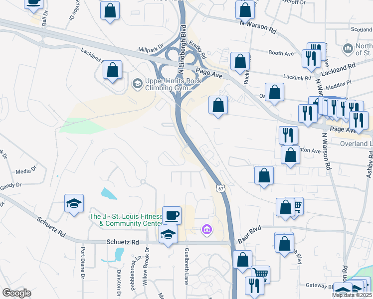 map of restaurants, bars, coffee shops, grocery stores, and more near 10900 Oak Forest Parkway Drive in St. Louis
