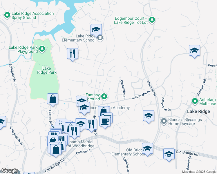 map of restaurants, bars, coffee shops, grocery stores, and more near 3382 Flint Hill Place in Woodbridge