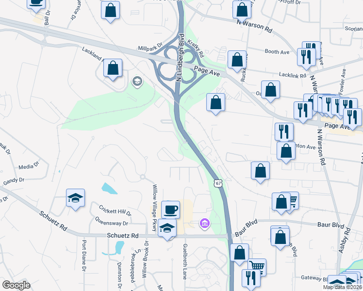 map of restaurants, bars, coffee shops, grocery stores, and more near 10902 Oak Forest Parkway Drive in St. Louis