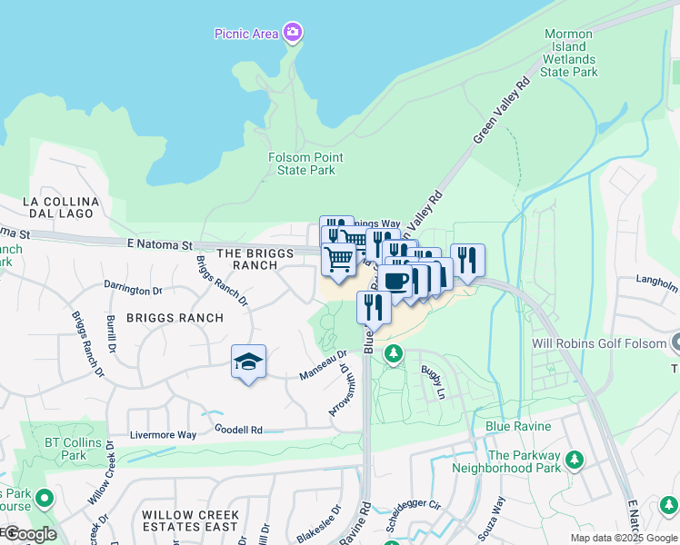 map of restaurants, bars, coffee shops, grocery stores, and more near 25004 Blue Ravine Road in Folsom