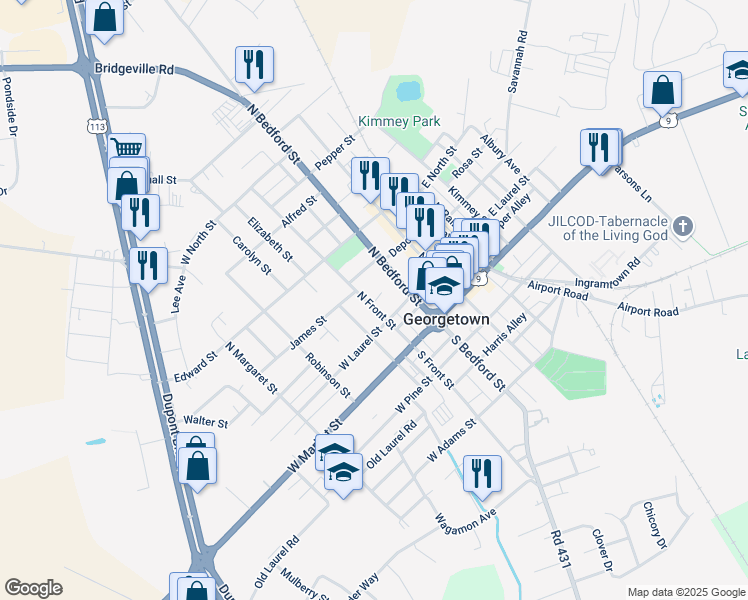 map of restaurants, bars, coffee shops, grocery stores, and more near 108 North Front Street in Georgetown