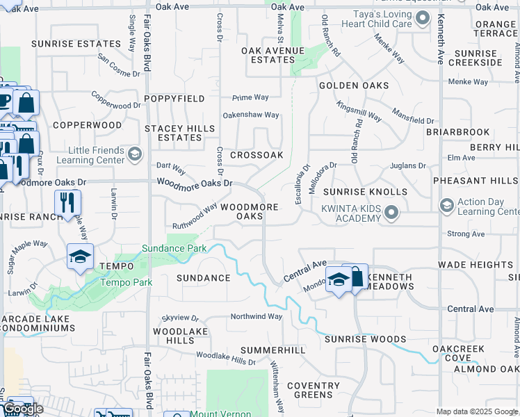 map of restaurants, bars, coffee shops, grocery stores, and more near 8120 Hardwood Court in Orangevale