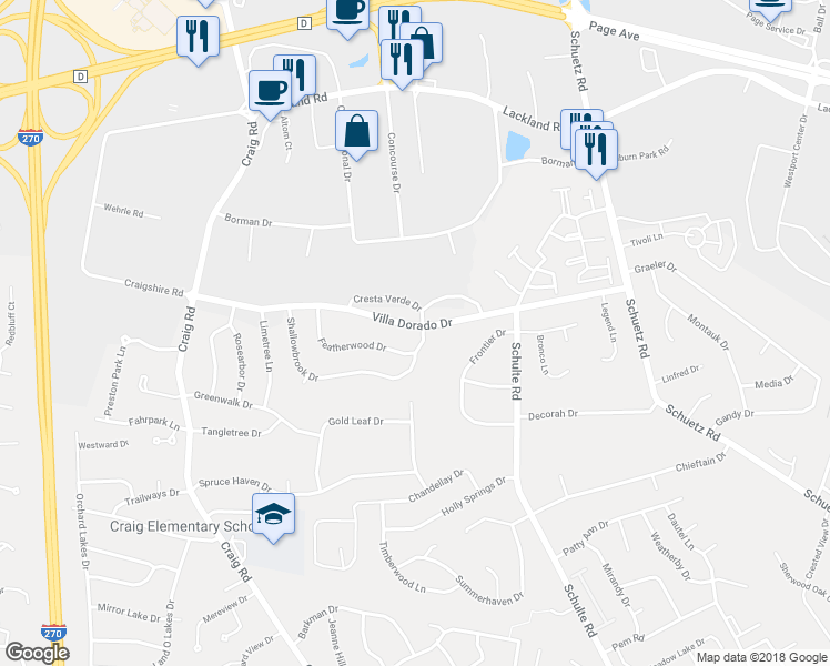 map of restaurants, bars, coffee shops, grocery stores, and more near 11801 Featherwood Drive in St. Louis