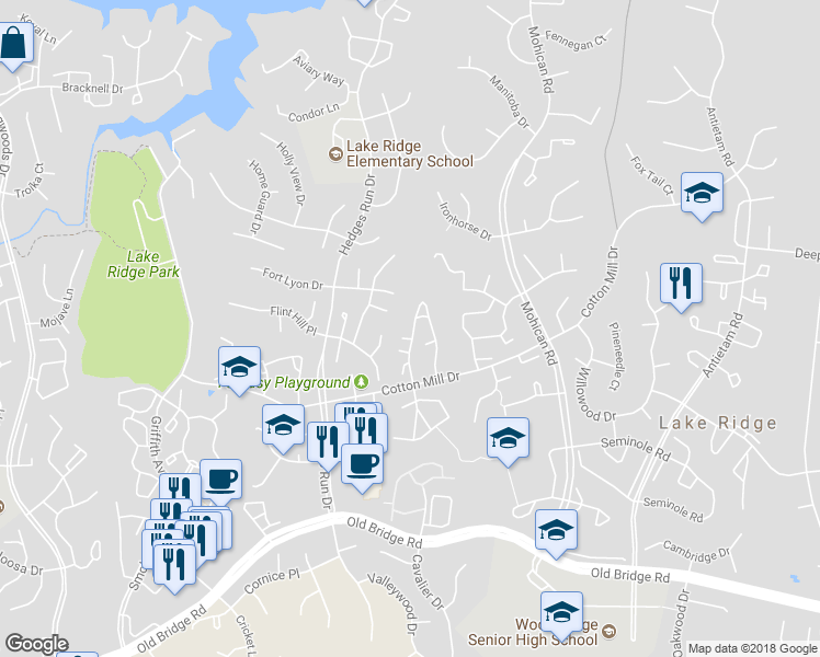 map of restaurants, bars, coffee shops, grocery stores, and more near 12118 Cardamom Drive in Woodbridge