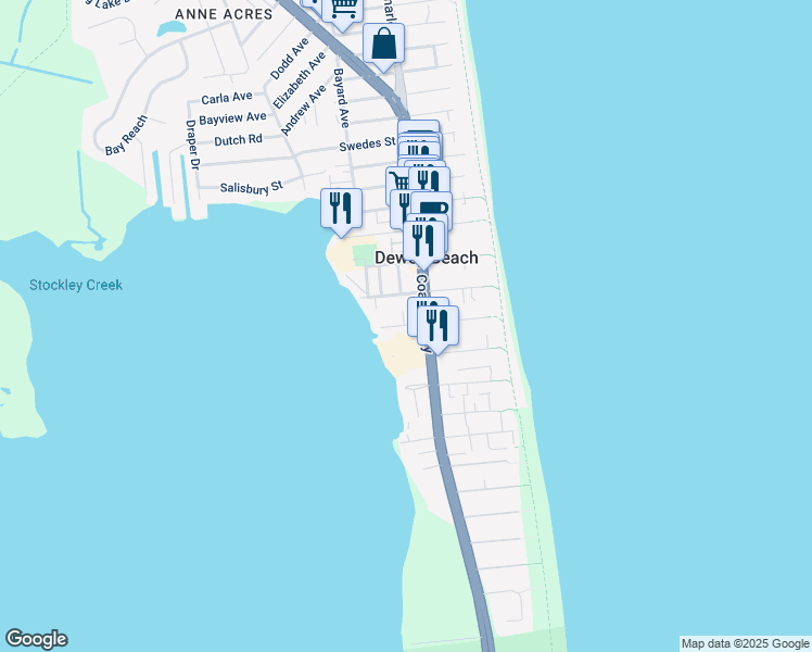 map of restaurants, bars, coffee shops, grocery stores, and more near in Dewey Beach