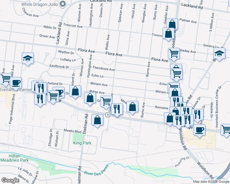 map of restaurants, bars, coffee shops, grocery stores, and more near 9540 Miriam Avenue in Overland