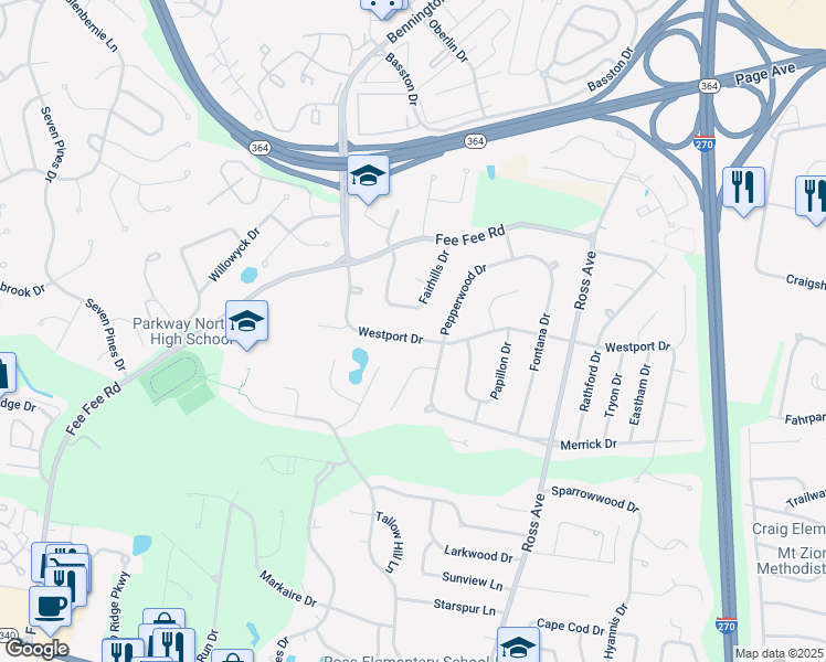 map of restaurants, bars, coffee shops, grocery stores, and more near 12617 Westport Drive in St. Louis