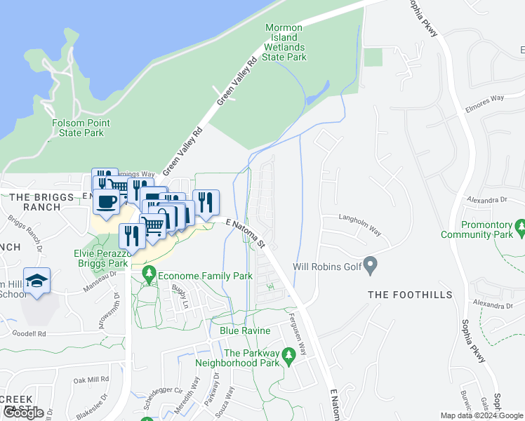 map of restaurants, bars, coffee shops, grocery stores, and more near 805 Esplanade Circle in Folsom