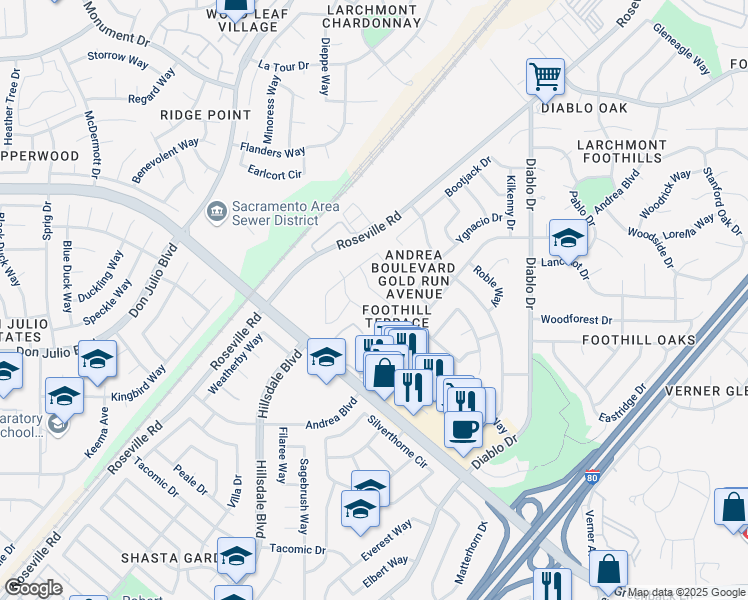 map of restaurants, bars, coffee shops, grocery stores, and more near 6841 Concert Way in Sacramento