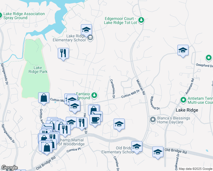 map of restaurants, bars, coffee shops, grocery stores, and more near 12116 Cardamom Dr in Woodbridge
