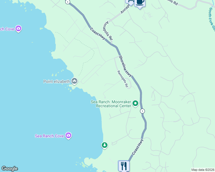 map of restaurants, bars, coffee shops, grocery stores, and more near 121 Shepherds Close in Sea Ranch