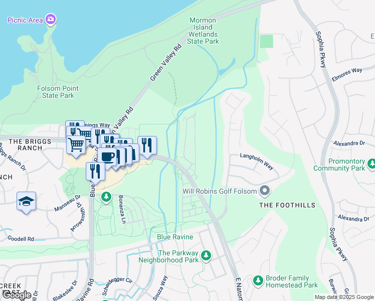 map of restaurants, bars, coffee shops, grocery stores, and more near 805 Esplanade Circle in Folsom