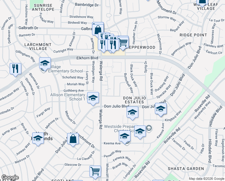 map of restaurants, bars, coffee shops, grocery stores, and more near 6817 Harlequin Way in Sacramento
