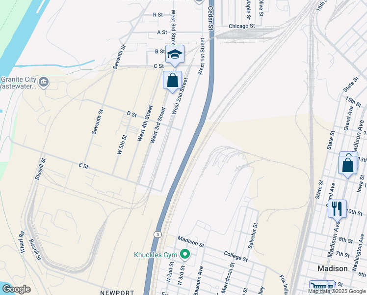 map of restaurants, bars, coffee shops, grocery stores, and more near 1250 West 1st Street in Granite City