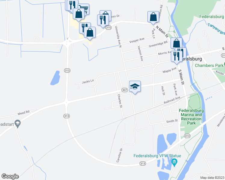 map of restaurants, bars, coffee shops, grocery stores, and more near 605 Academy Avenue in Federalsburg