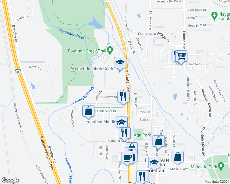 map of restaurants, bars, coffee shops, grocery stores, and more near 334 Iris Drive in Fountain