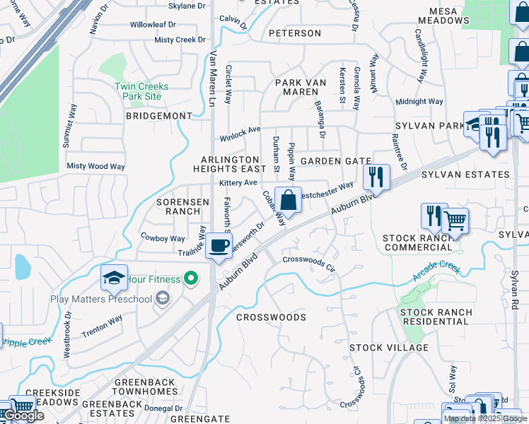 map of restaurants, bars, coffee shops, grocery stores, and more near 6804 Coventry Drive in Citrus Heights