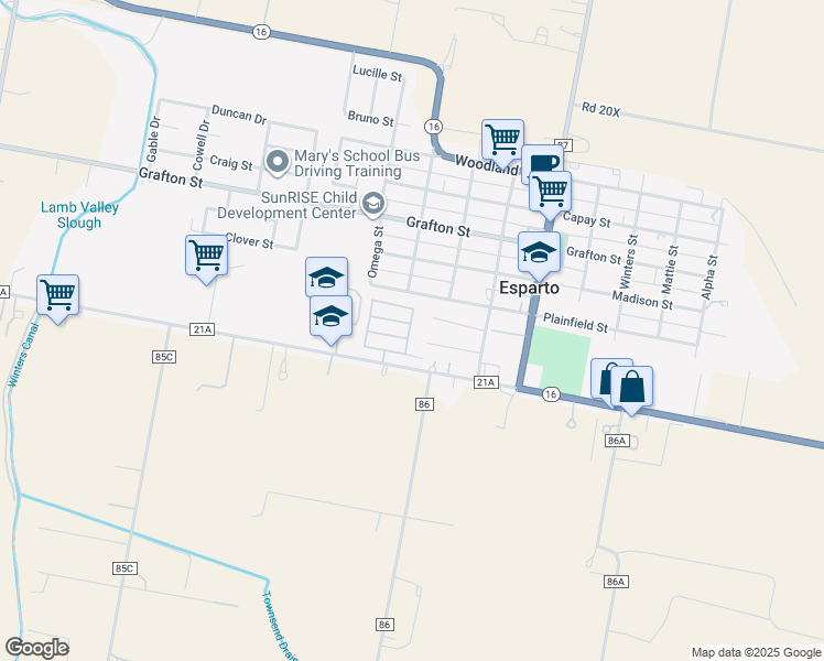 map of restaurants, bars, coffee shops, grocery stores, and more near 26262 County Road 21A in Esparto
