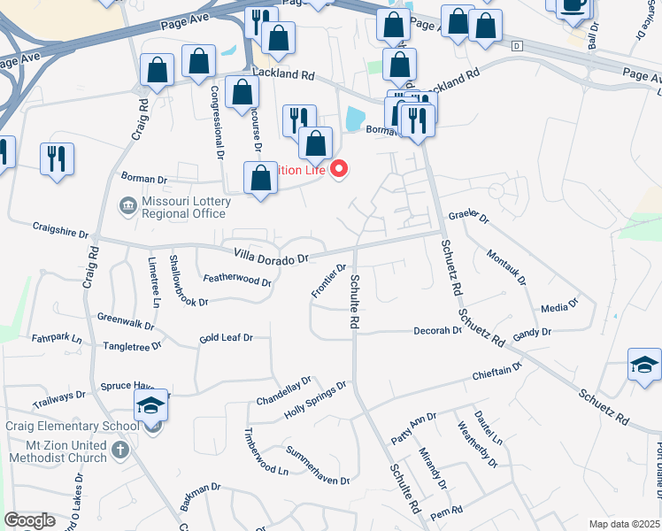 map of restaurants, bars, coffee shops, grocery stores, and more near 11721 Frontier Drive in St. Louis
