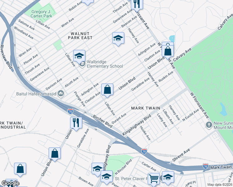 map of restaurants, bars, coffee shops, grocery stores, and more near 5056 Union Boulevard in St. Louis