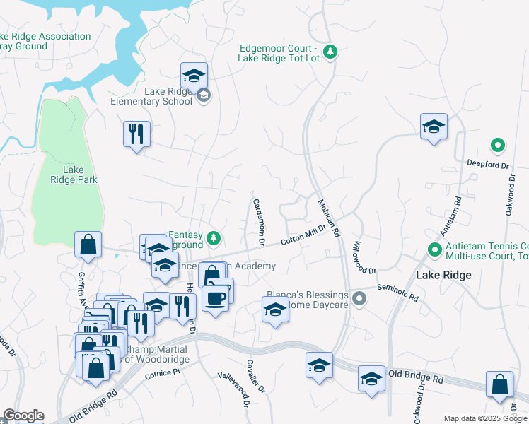 map of restaurants, bars, coffee shops, grocery stores, and more near 11990 Cardamom Drive in Woodbridge