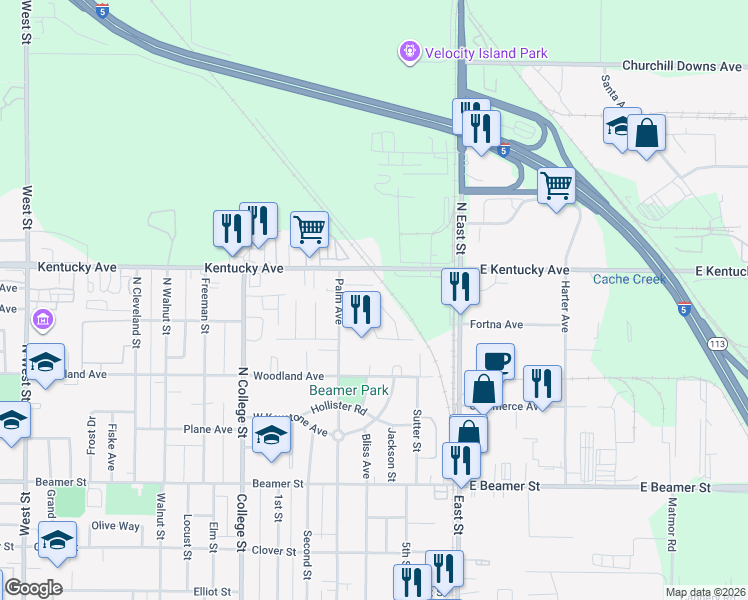 map of restaurants, bars, coffee shops, grocery stores, and more near 1037 Arlington Circle in Woodland