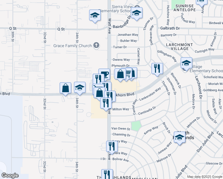 map of restaurants, bars, coffee shops, grocery stores, and more near 3601 Elkhorn Boulevard in North Highlands