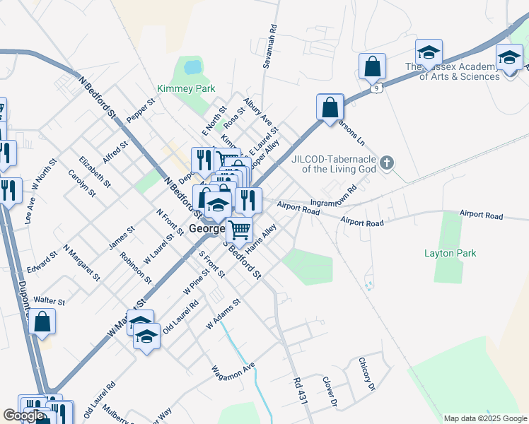 map of restaurants, bars, coffee shops, grocery stores, and more near East Pine Street in Georgetown