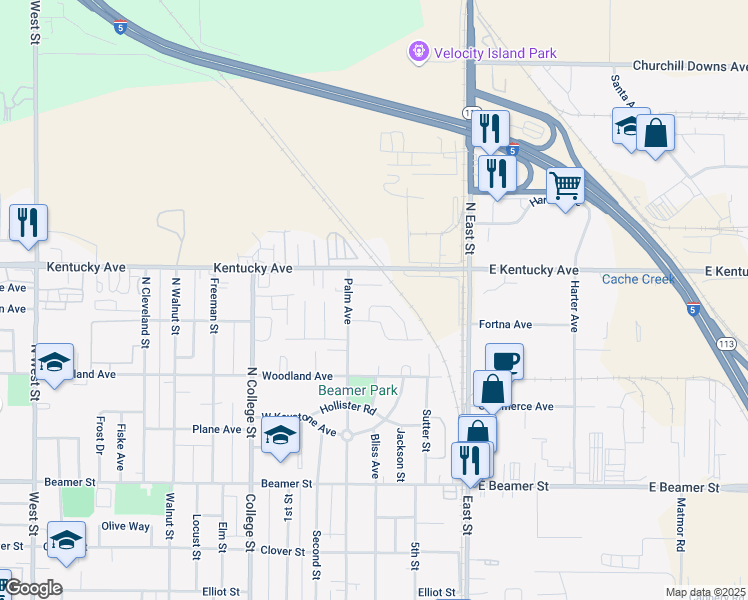 map of restaurants, bars, coffee shops, grocery stores, and more near 270 Palm Avenue in Woodland