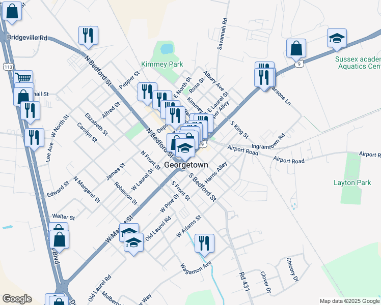 map of restaurants, bars, coffee shops, grocery stores, and more near 17 East Market Street in Georgetown