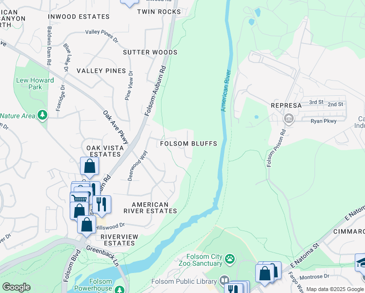 map of restaurants, bars, coffee shops, grocery stores, and more near 100 Crestridge Lane in Folsom