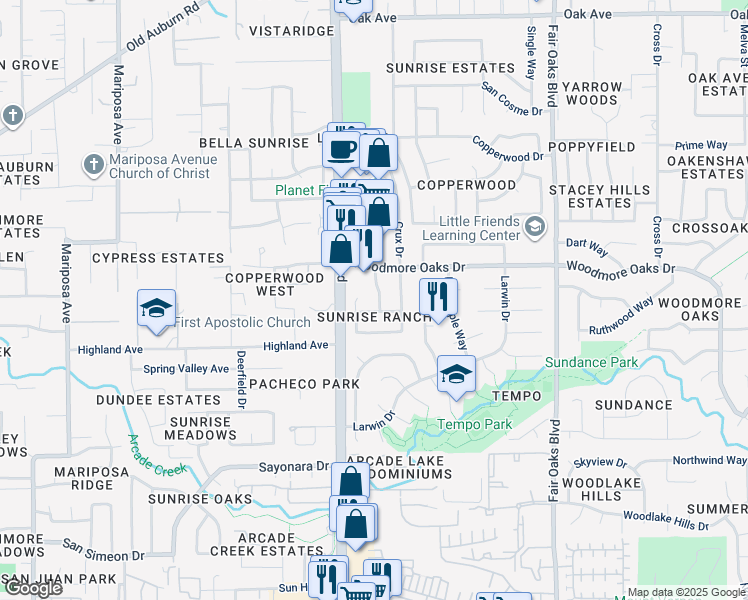 map of restaurants, bars, coffee shops, grocery stores, and more near 6805 Trovita Way in Citrus Heights