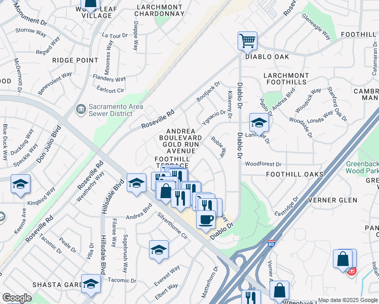 map of restaurants, bars, coffee shops, grocery stores, and more near 6902 Loheit Way in Sacramento