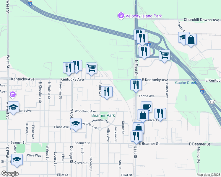 map of restaurants, bars, coffee shops, grocery stores, and more near 1037 Arlington Circle in Woodland