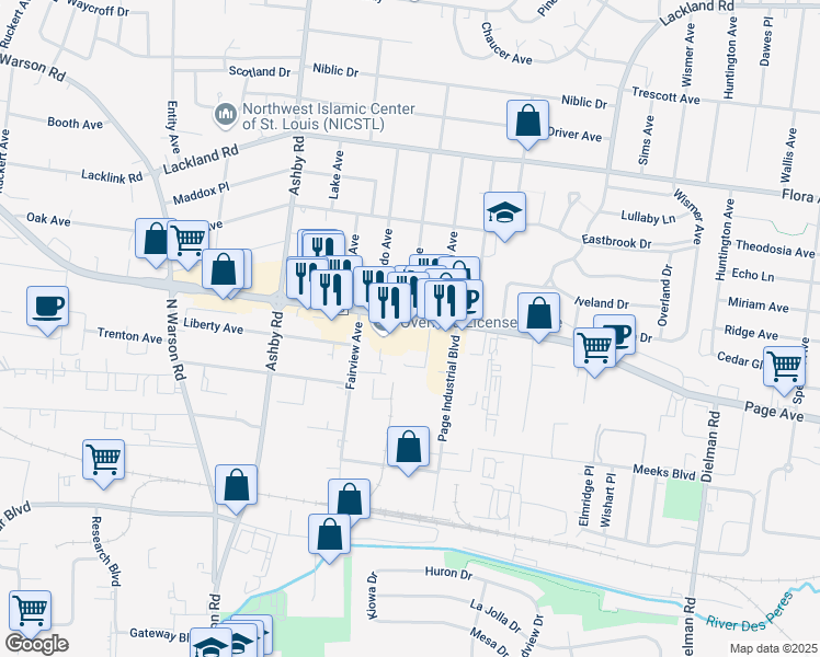 map of restaurants, bars, coffee shops, grocery stores, and more near 10250 Page Avenue in Overland