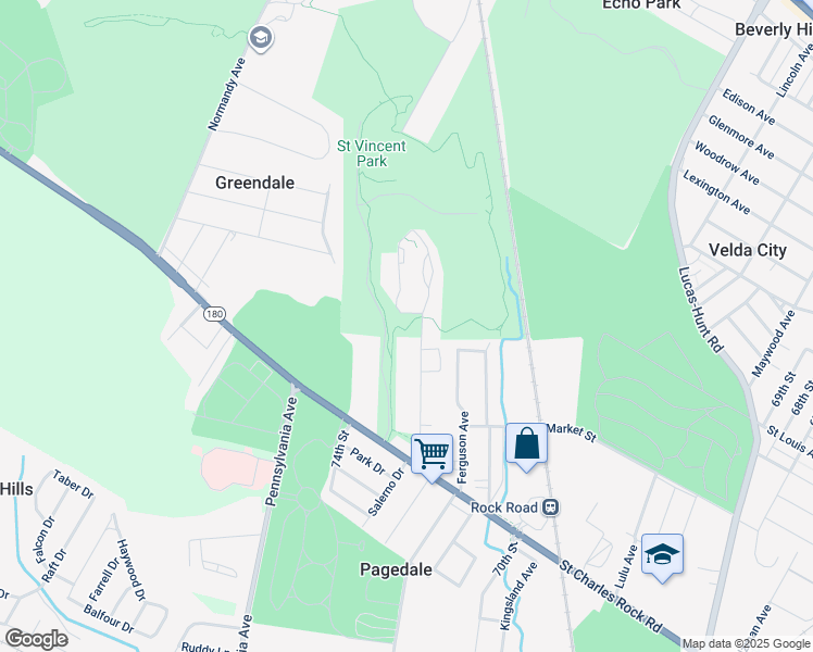 map of restaurants, bars, coffee shops, grocery stores, and more near 1569 Salerno Drive in St. Louis