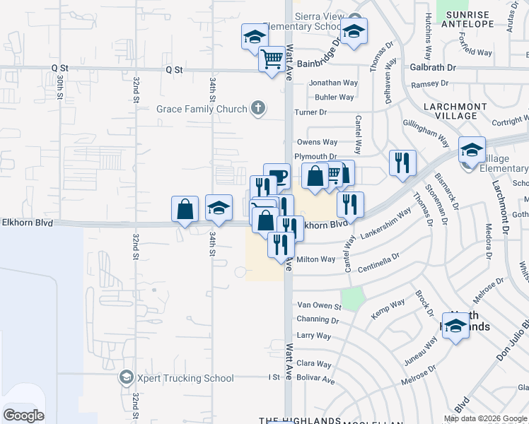 map of restaurants, bars, coffee shops, grocery stores, and more near 3525 Elkhorn Boulevard in North Highlands