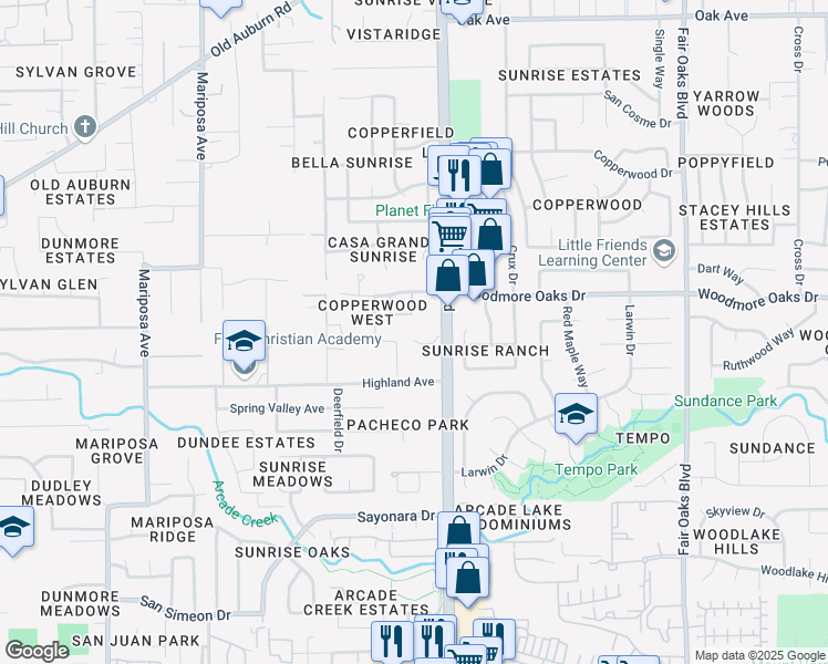 map of restaurants, bars, coffee shops, grocery stores, and more near 6825 Sunrise Boulevard in Citrus Heights