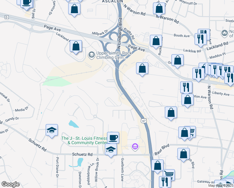 map of restaurants, bars, coffee shops, grocery stores, and more near 1501 Oak Forest Parkway Court in St. Louis