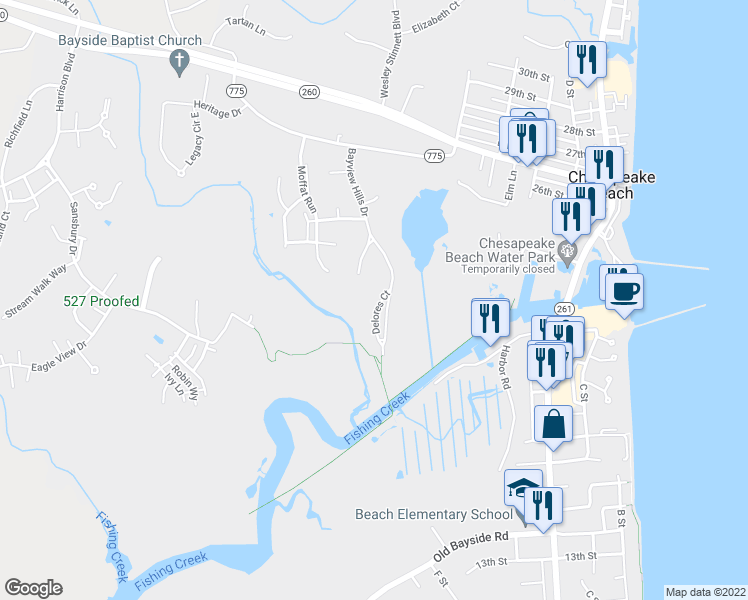 map of restaurants, bars, coffee shops, grocery stores, and more near 8000 Delores Court in Chesapeake Beach