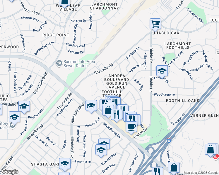 map of restaurants, bars, coffee shops, grocery stores, and more near 5236 Sweet Birch Court in Sacramento