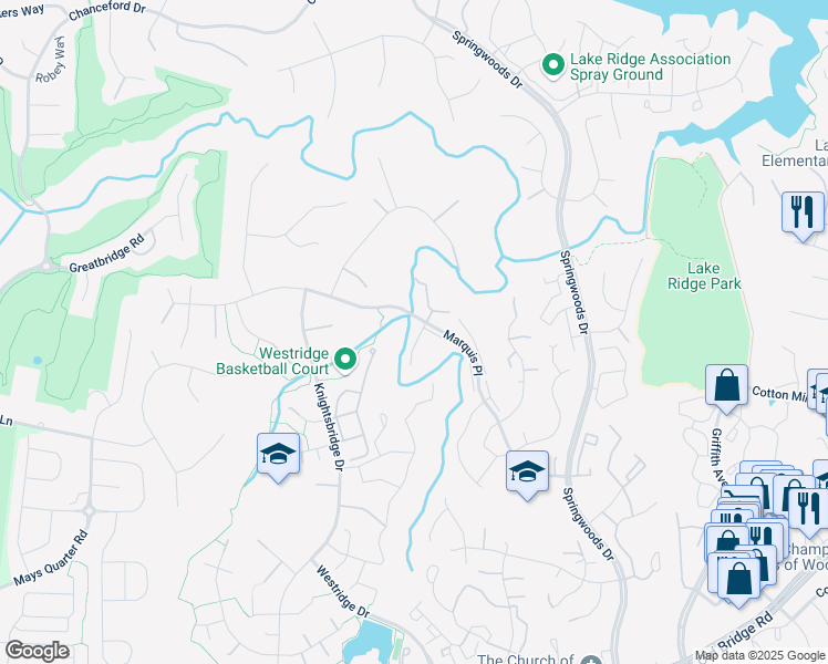 map of restaurants, bars, coffee shops, grocery stores, and more near 12612 Monarch Court in Woodbridge