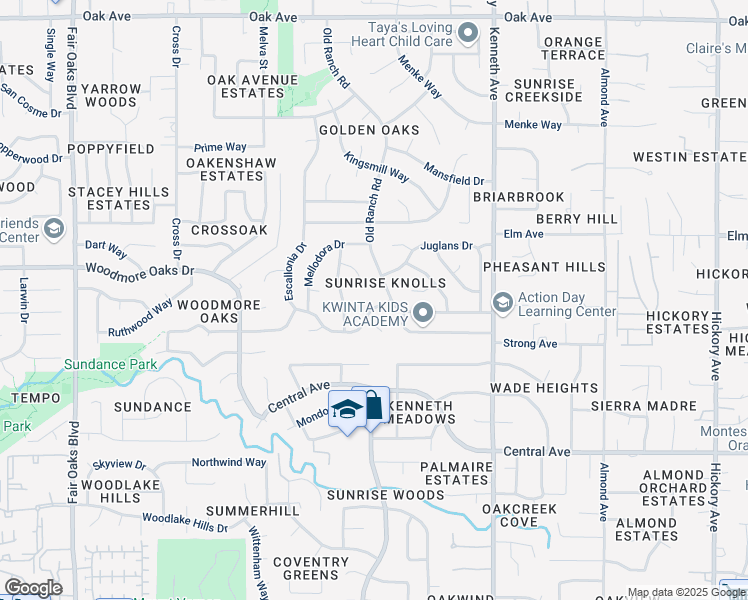 map of restaurants, bars, coffee shops, grocery stores, and more near 6808 Escallonia Drive in Orangevale
