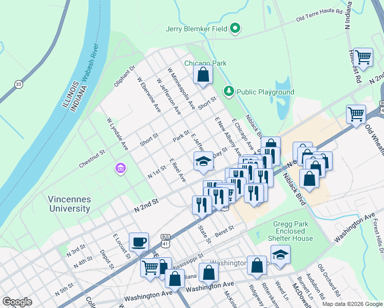 map of restaurants, bars, coffee shops, grocery stores, and more near 108 E Eberwine Ave in Vincennes