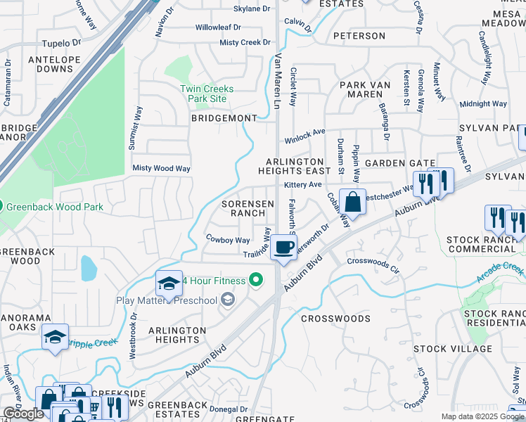 map of restaurants, bars, coffee shops, grocery stores, and more near 6917 Trailride Way in Citrus Heights