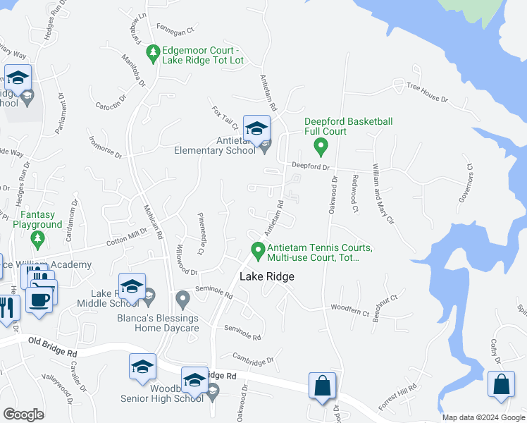 map of restaurants, bars, coffee shops, grocery stores, and more near 2916 Madeira Court in Woodbridge