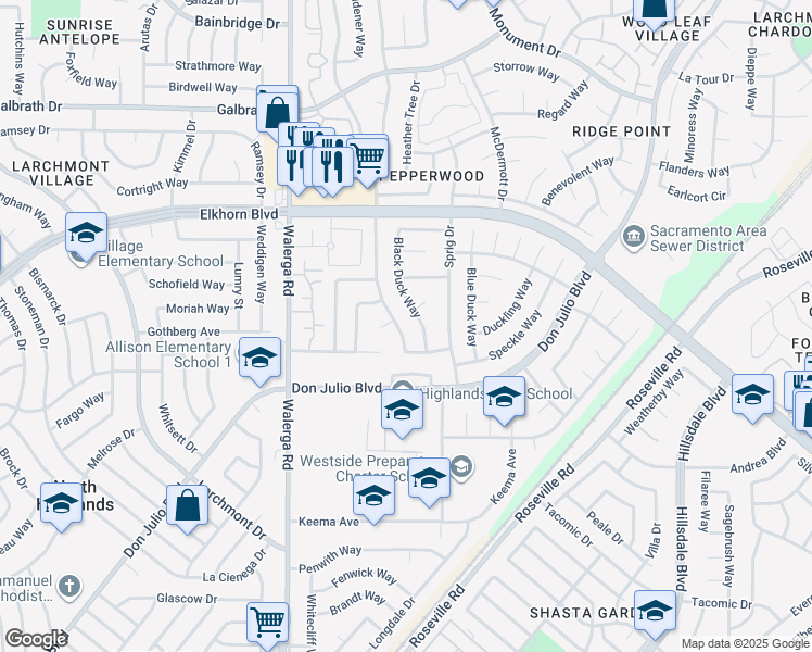 map of restaurants, bars, coffee shops, grocery stores, and more near 6854 Butterball Way in Sacramento