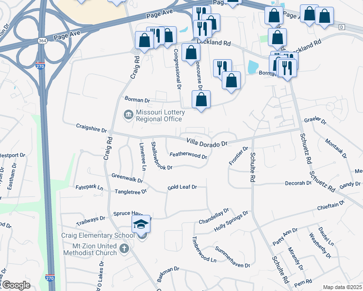 map of restaurants, bars, coffee shops, grocery stores, and more near 11874 Villa Dorado Drive in St. Louis