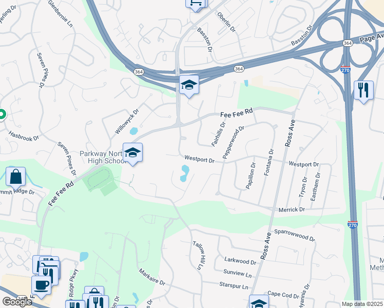 map of restaurants, bars, coffee shops, grocery stores, and more near 12645 Westport Dr in St Louis